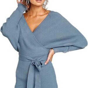 Mansy Women's Batwing Long Sleeve Mock Wrap Knit Sweater, Medium, Blue